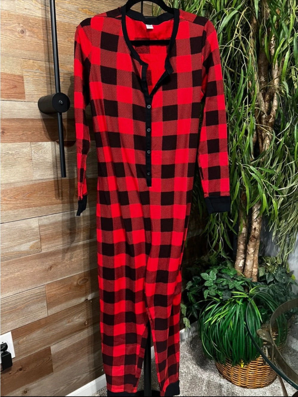 Old Navy black & red plaid onesie pajamas.  XL